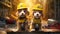 Two Adorable White and Brown Puppies in Hard Hats - Photorealistic Illustrations of Playful Canine Companions