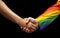Two adults shaking hands. Concept of friendship, Progress LGBTQ Rainbow flag. Generative AI