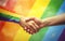 Two adults shaking hands with a rainbow flag in the background. Generative AI