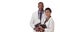 Two African American doctors posing for a portrait while holding their tablets on a white backdrop