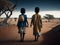 Two African children leaving their poor village towards the burning desert