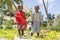 Two african masai children on the tropical beach in Zanzibar island, Tanzania, east Africa