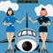 Two air ladies of flight hostess welcomes on boarding in from of big aircraft or plane