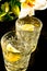 two alcohol cocktail glasses with yellow lemon, ice cubes, lillie on black background