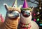 Two alpacas wearing Christmas party hats next to a Christmas tree