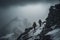 two alpinists with big backpacks climbing a high snowy mountain in winter