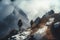 two alpinists with big backpacks climbing a high snowy mountain in winter