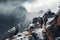 two alpinists with big backpacks climbing a high snowy mountain in winter