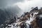 two alpinists with big backpacks climbing a high snowy mountain in winter