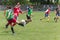 Two amateur football teams play on the field in