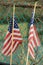 Two American flags on fence post