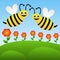 two amusing drawn bees fly above red flowers on a blue background