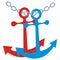 Two anchor and chain, vector icon. Red and blue anchors on the chain.