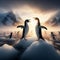 Two antarctic penguins fight on frozen sea ice