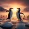 Two antarctic penguins fight on frozen sea ice