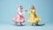 two anthropomorphic female cats in a dress dancing together on solid background