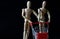 Two anthropomorphic mannequins are carrying an empty cart from a supermarket. Black background. Economic crisis, deficit and