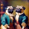 Two anthropomorphic pugs in the style of vintage oil painting