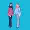 Two arabic women wearing traditional clothes shawl arab businesswomen fashion female cartoon character avatar blue