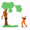Two arborist lumberjacks are sawing a tree