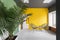 Two armchair on a yellow wall. Graphic, style, minimalism, Scandinavian style. Large houseplant, palm tree in the interior.