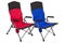 Two armchairs, red and blue, for camping or for fishing, stand nearby, on a white background, concept