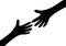 Two arms hands black silhouette reaching to each other. Child and mother. Close up body part. Helping hand. Happy Valentines day.