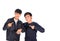 Two Asian boys are pointing to themselves.