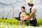 Two Asian man and woman working in hydroponic vegetable farm walking, inspecting and harvesting happily.