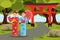 Two asian women making selfie in front of Japanese Torii Gate. Young girls in kimonos. Flat vector landscape with green