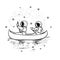 Two astronauts in the boat. Spacemen are floating on the canoe. Space Vector Illustration. Coloring page