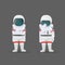 Two astronauts with different expressions isolated on a gray background.