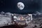 Two astronauts sitting at table and having dinner on the moon. Generative AI