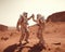 Two astronauts in space suits giving a high five on the surface of Mars