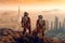 Two astronauts in space suits standing on a mountain, looking at the city on Mars. AI-generated.