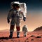 Two astronauts in spacesuits walk on the surface of Mars