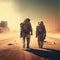 two astronauts walking along road in desert postapocalyptic city