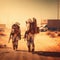 two astronauts walking along road in desert postapocalyptic city