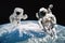 Two astronauts walking in space with earth background. Elements of this image furnished by NASA