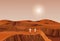 Two astronauts are walking on the surface of Mars. With brown mountains in the background