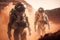 Two Astronauts Wearing Space Suit Walking on Mars, Rocky Desert Background, Dust Storms, Mars Exploration, Generative Ai