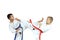 Two athletes in karategi are beating blows Yoko geri