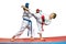 Two athletes with overlays on the hands are training paired exercises of karate