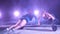 Two athletic girls in pair doing strength exercises with a barbell, push ups, At night, in light smoke, fog, in light of