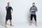 Two athletic personal fitness trainers or bodybuilders on white background