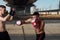 Two athletic young men boxing . Men training outdoors