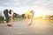 Two attractive female at the racetrack, Stretching, running, jog