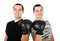 Two attractive smiling young men twins in boxing gloves isolated