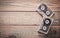 Two audio cassettes on a wooden table. Retro media technology from the 80s. Love of music. Copy space.