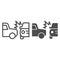 Two automobile road crash line and solid icon. Frontal or side driving collision symbol, outline style pictogram on